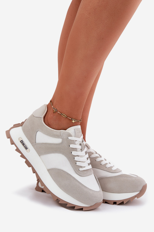 Zamszowe Sneakersy Na Platformie Damskie Big Star RR274896 HI-POLY SYSTEM Biało-Szare