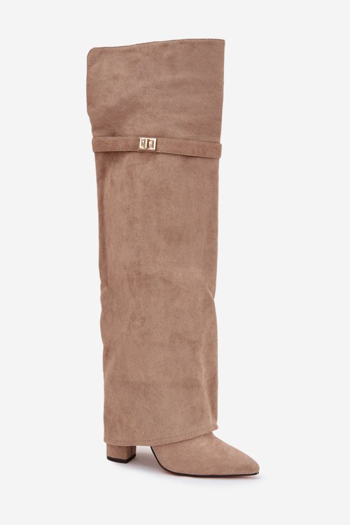 Ocieplane Kozaki Z Wywiniętą Cholewką Za Kolano Obcas Słupek Beżowe Serelle