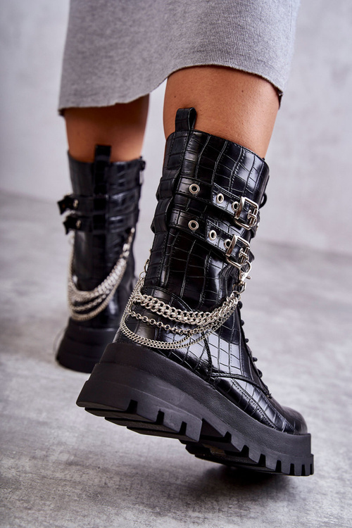 Wysokie Workery Botki Z Łańcuchem Wężowe Czarne Montero