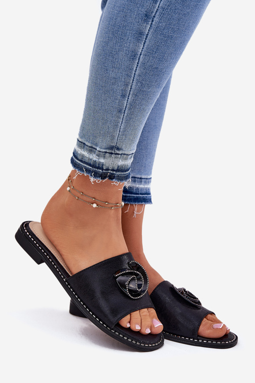 Klapki Damskie Na Płaskim Obcasie Z Ozdobnym Detalem KV51-007 Czarne