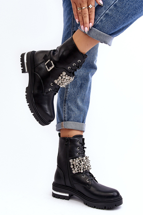 Damskie Ocieplane Botki Workery Zdobione Czarne Lennen