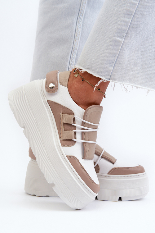 Zazoo 1833 Sneakersy Damskie Skórzane Na Masywnej Podeszwie Beżowo-Białe