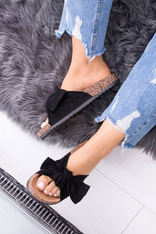 Damskie Czarne Klapki Na Korku Kokarda Dominica