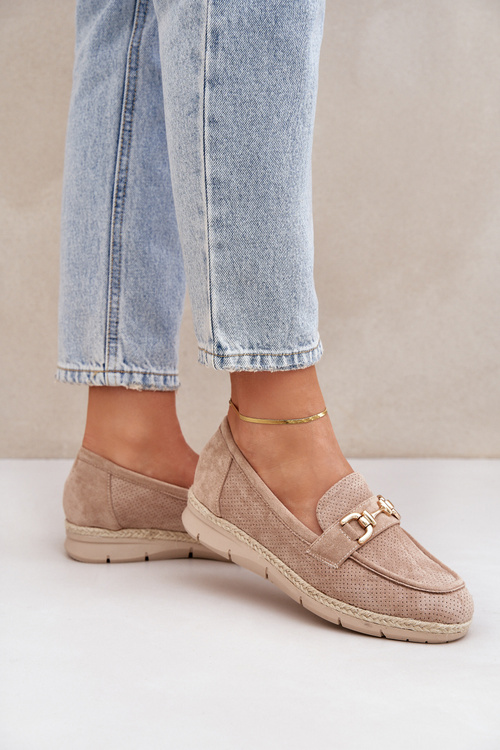 Ażurowe Mokasyny Ze Złotym Detalem I Jutową Plecionką Beżowe Lainer