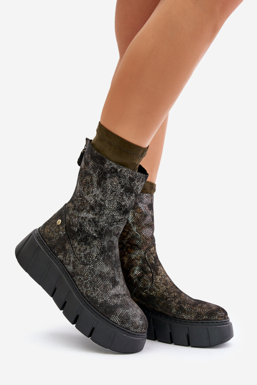 Skórzane Botki Damskie Na Masywnej Platformie Maciejka 06766-09 Khaki