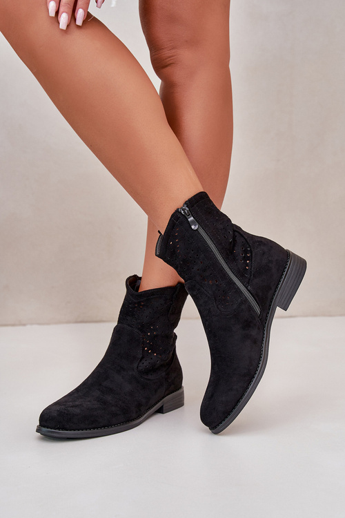 S.Barski HY66-135 Damskie Ażurowe Botki Na Płaskim Obcasie Czarne