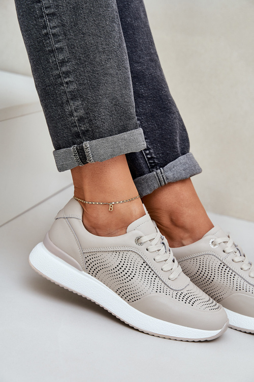Skórzane Buty Sportowe Sneakersy Damskie S.Barski LR51-551 Beżowe