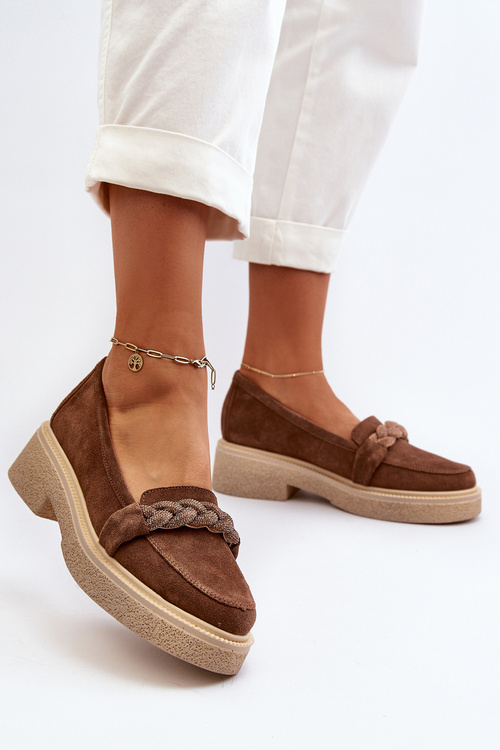 Zazoo 3429/W Damskie Zamszowe Mokasyny Z Ozdobą Brązowe