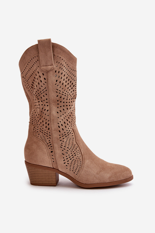Ażurowe Damskie Botki Kowbojki Na Obcasie Brązowe Iceda