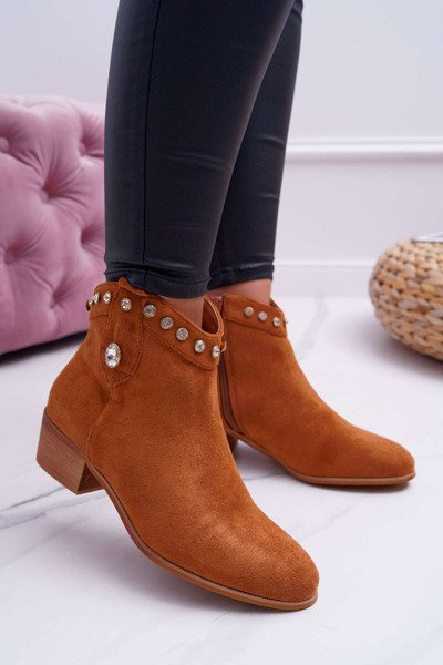 Botki Damskie Płaski Obcas Kowbojki Z Cyrkoniami Camel Patti