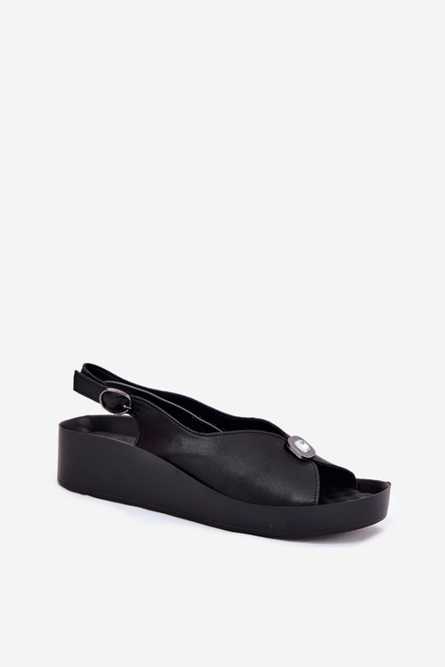 Skórzane Sandały Damskie Na Koturnie I Platformie S.Barski KV51-020 Czarne