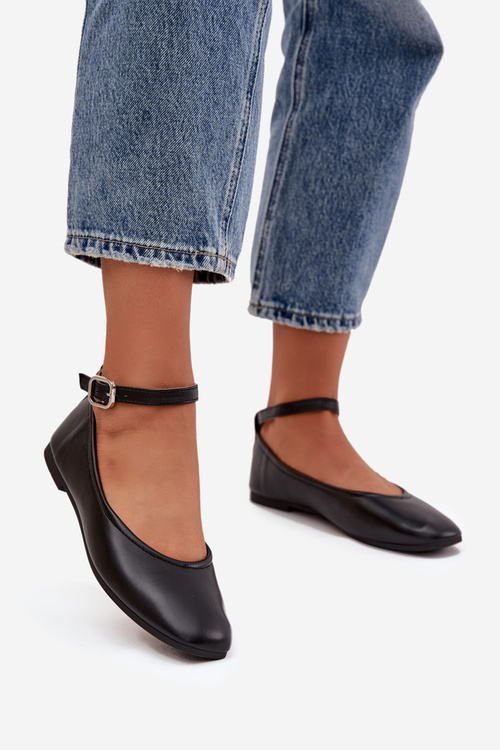 Baleriny Damskie Z Paskiem I Klamrą Czarne Janelor