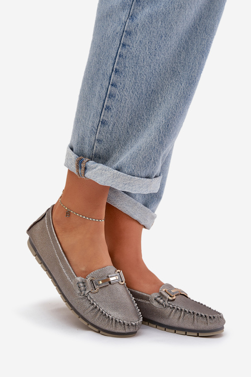 Brokatowe Płaskie Mokasyny Ze Skóry Naturalnej D&A LR51-546 Srebrne