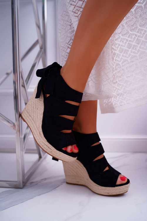 Sandały Damskie Na Koturnie Lniane Wiązane Czarne Cantare