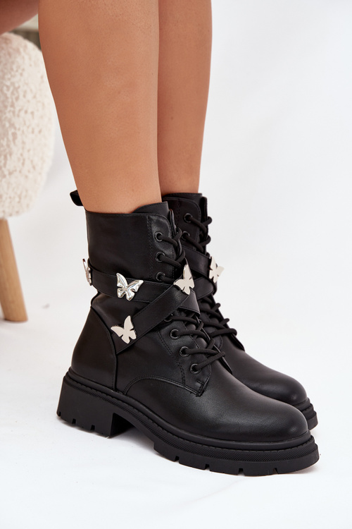 Ocieplane Botki Workery Z Paskiem I Srebrnymi Przypinkami Czarne Kaelina