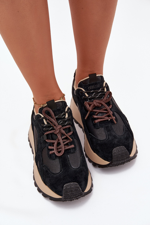 Skórzane Sneakersy Na Platformie Damskie Big Star SS274628 HI-POLY SYSTEM Czarne