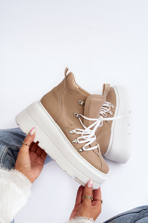 Zazoo 3416 Skórzane Damskie Buty Sportowe Beżowe