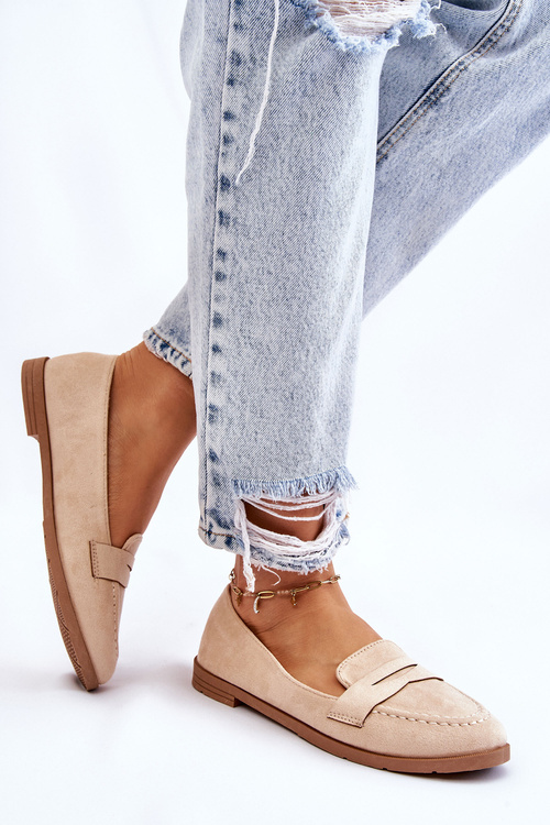 Wygodne Zamszowe Damskie Mokasyny Beżowe Lucca