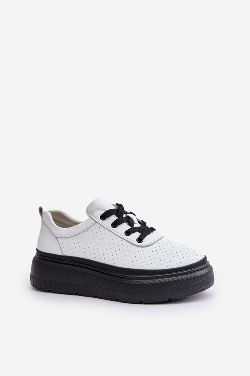 Buty Sportowe Damskie Na Platformie Skóra Naturalna Białe 41470 Vinceza