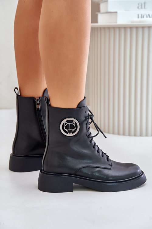 Skórzane Botki Workery Ocieplane Na Zamek Z Ozdobą Czarne Lorevine