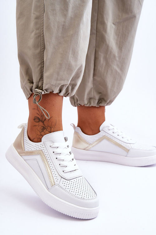 Damskie Skórzane Buty Sportowe Z Perforacją Biało-Złote Carvalo