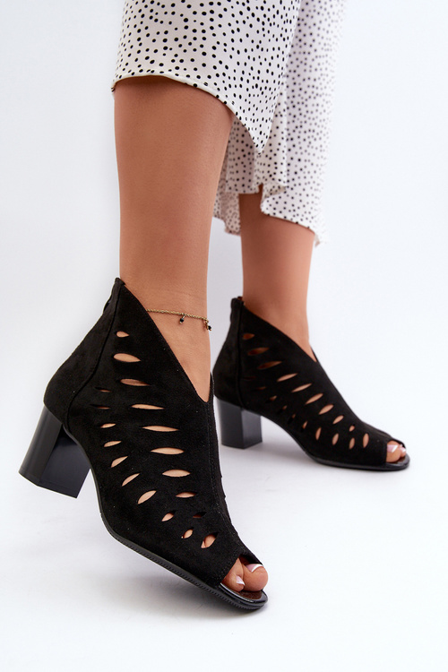 Ażurowe Botki Damskie Eko Zamszowe Na Słupku Z Odkrytymi Palcami Czarne Timalre