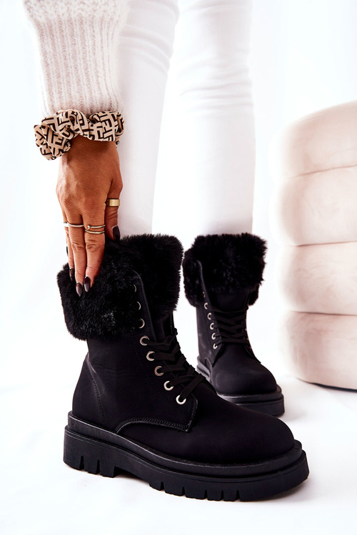 Skórzane Ocieplane Botki Z Futerkiem Czarne Farley