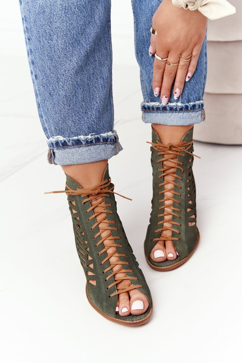 Zamszowe Ażurowe Botki Maciejka Zielone 04040-09