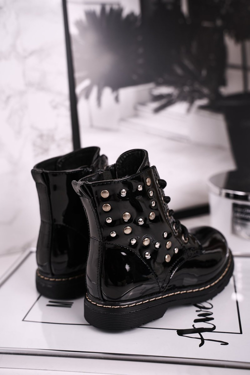 Dziecięce Ocieplane Botki z Dżetami Lakierowane Czarne Fame