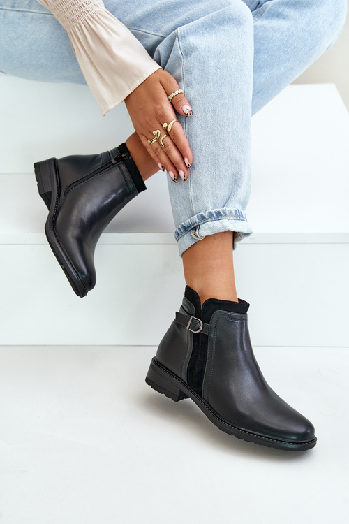 Ocieplane Botki Damskie Z Niską Cholewką Na Zamek Eko Skórzane Czarne Taitha