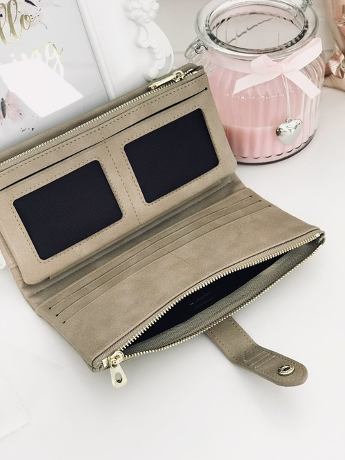 Duży Damski Beżowy Portfel Złote Okucia