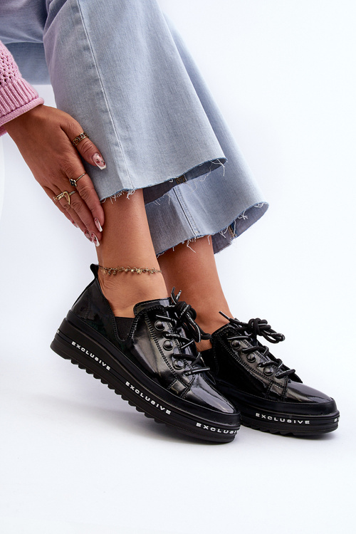 Sznurowane Półbuty Damskie Na Platformie Skóra Naturalna S.Barski LR620 Czarne