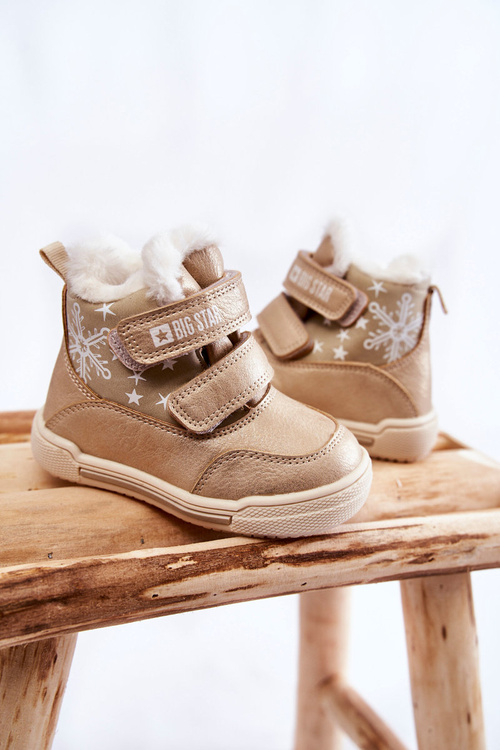 Dziecięce Ocieplane Botki Na Rzepy Big Star KK374189 Beżowo-Złote