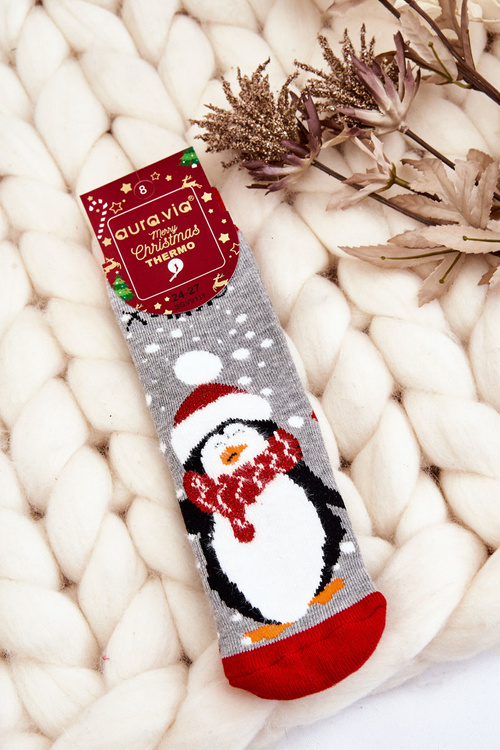 Dziecięce Świąteczne Bawełniane Skarpety Termoaktywne Pingwin Szare