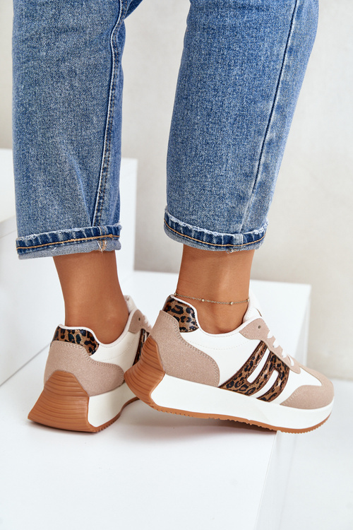 Sneakersy Buty Sportowe Na Platformie Panterka Damskie Beżowe Thari