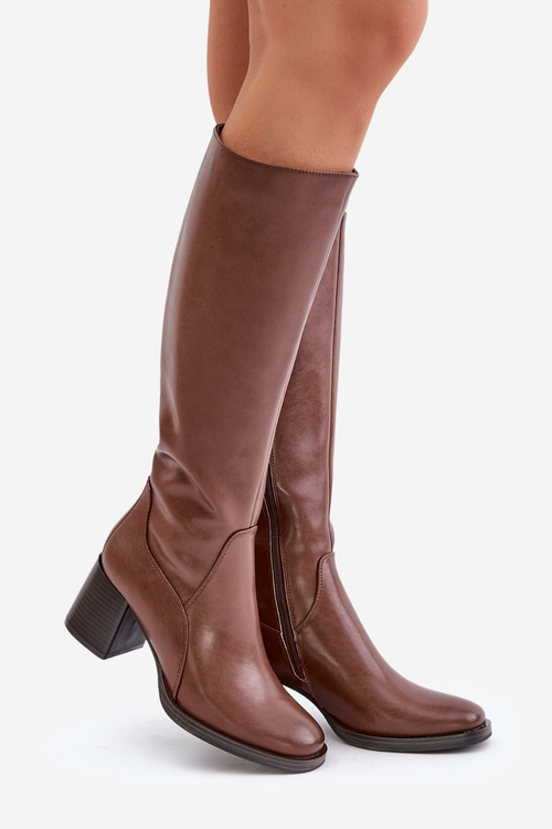 Skórzane Kozaki Na Słupku Przed Kolano Ocieplane Sergio Leone KZ231-S Brązowe