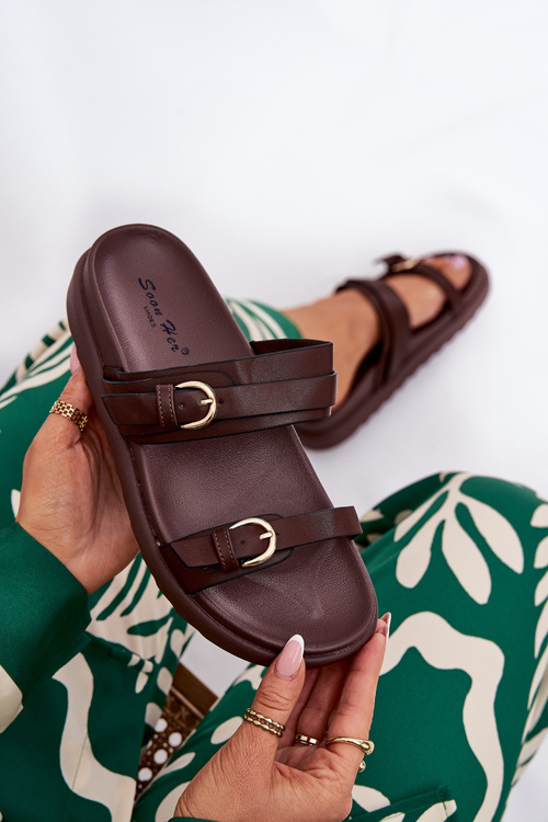 Klapki Damskie Na Platformie Ze Złotymi Klamrami Brązowe Wernone