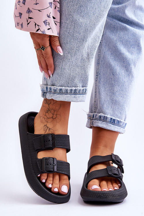 Damskie Piankowe Klapki Z Paskami Czarne Sharmen