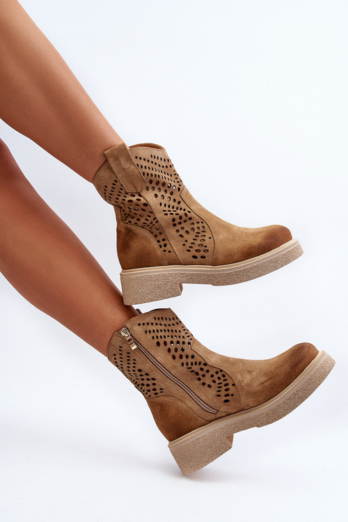 Zazoo 3470 Zamszowe Botki Damskie Na Płaskim Obcasie Ażurowe Beżowe