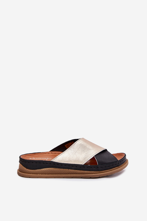 Skórzane Klapki Damskie Na Platformie Maciejka L4986-25 Złoto-Czarne