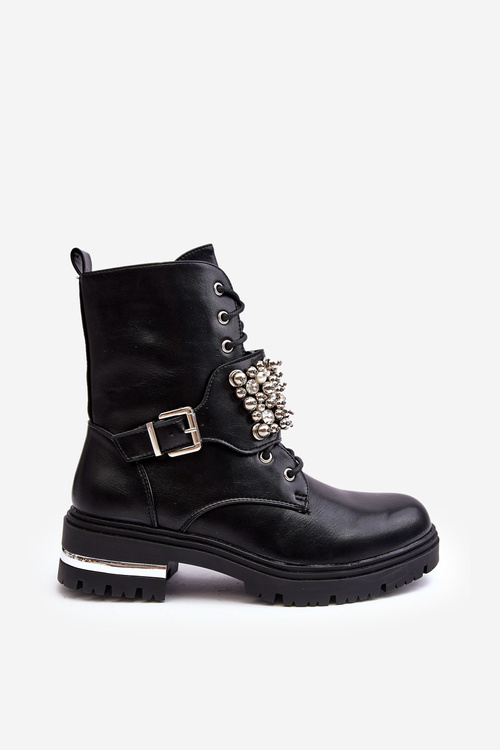 Damskie Ocieplane Botki Workery Zdobione Czarne Lennen