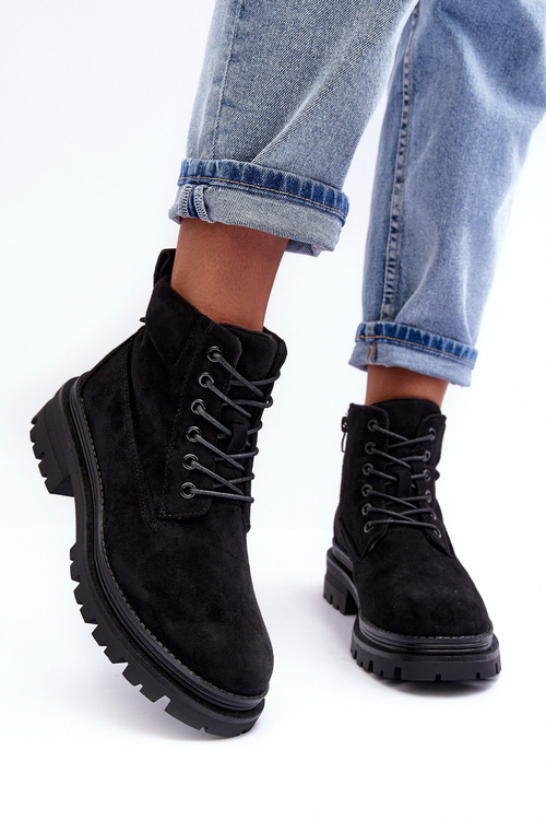 Zamszowe Trapery Botki Ocieplane Czarne Alden