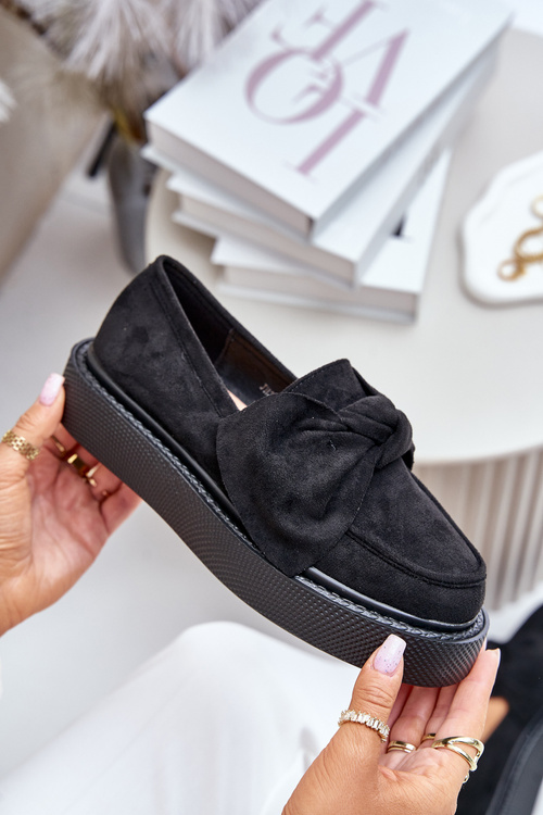 Mokasyny Damskie Na Platformie Z Kokardą Czarne Naivine