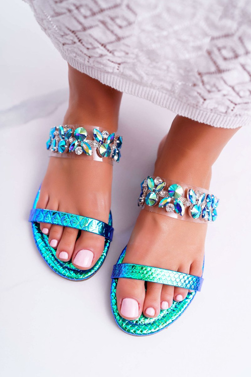 Damskie Klapki Lu Boo Eleganckie Z Cyrkoniami Niebieskie Elementary