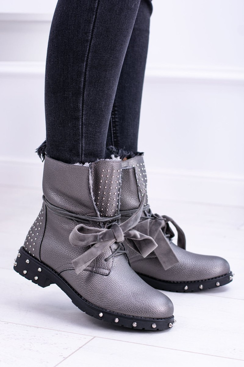 Damskie Botki Ocieplane Z Kolcami i Dżetami Srebrne Neso