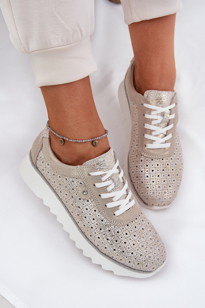 Zamszowe Ażurowe Sneakersy Na Platformie LR51-927 Złote