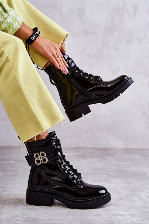 Lakierowane Damskie Ocieplane Botki Z Ozdobą Czarne Hayes