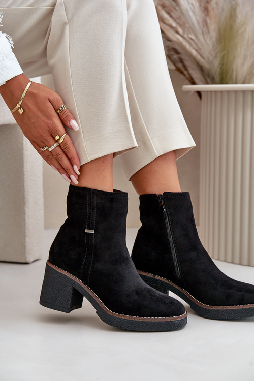 Botki Damskie Na Słupku Ocieplane Eko Zamszowe Czarne Arkesia