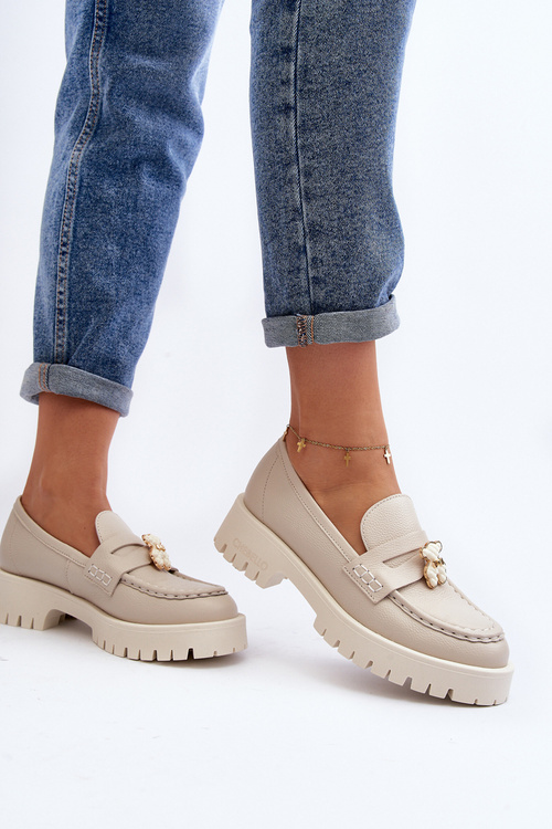 Skórzane Półbuty Mokasyny Z Misiem CheBello 4291 Jasnobeżowe