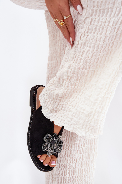 Sandały Damskie Na Płaskim Obcasie Z Ozdobą S.Barski KV27-001 Czarne